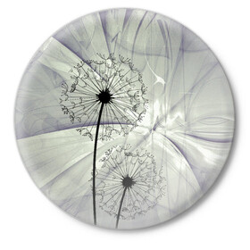 Значок с принтом Одуванчики в Тюмени,  металл | круглая форма, металлическая застежка в виде булавки | волны | мятое | одуванчик | одуванчики | пух | серый фон | цветок