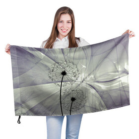 Флаг 3D с принтом Одуванчики в Тюмени, 100% полиэстер | плотность ткани — 95 г/м2, размер — 67 х 109 см. Принт наносится с одной стороны | волны | мятое | одуванчик | одуванчики | пух | серый фон | цветок