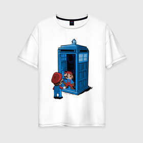 Женская футболка хлопок Oversize с принтом Tardis Mario в Тюмени, 100% хлопок | свободный крой, круглый ворот, спущенный рукав, длина до линии бедер
 | doctor who | future | space | tardis | time | будка | будущее | время | галактика | доктор кто | космос | марио | машина времени | наука | приключения | пространство | профессор | прошлое | сериал | тардис | телепорт | уче