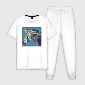 Мужская пижама хлопок с принтом Зебра Энди Уорхол в Тюмени, 100% хлопок | брюки и футболка прямого кроя, без карманов, на брюках мягкая резинка на поясе и по низу штанин
 | andrew warholaа | andy warhol | art | artist | homo universale | horse | pop art | zebra | африка | животные | зебра | искусство | конь | лошадь | поп арт | саванна | современное искусство | старые картины | уорхол | художник