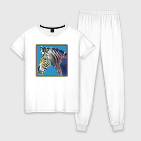 Женская пижама хлопок с принтом Зебра Энди Уорхол в Тюмени, 100% хлопок | брюки и футболка прямого кроя, без карманов, на брюках мягкая резинка на поясе и по низу штанин | andrew warholaа | andy warhol | art | artist | homo universale | horse | pop art | zebra | африка | животные | зебра | искусство | конь | лошадь | поп арт | саванна | современное искусство | старые картины | уорхол | художник