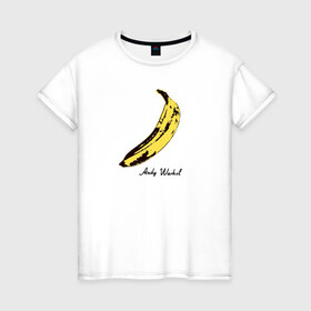 Женская футболка хлопок с принтом Банан Энди Уорхол в Тюмени, 100% хлопок | прямой крой, круглый вырез горловины, длина до линии бедер, слегка спущенное плечо | andrew warholaа | andy warhol | art | artist | banana | food | fruit | homo universale | pop art | банан | еда | известные личности | искусство | поп арт | современное искусство | старые картины | уорхол | фрукт | художник | энди уорхол | энд
