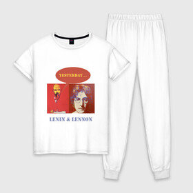 Женская пижама хлопок с принтом Ленин и Леннон в Тюмени, 100% хлопок | брюки и футболка прямого кроя, без карманов, на брюках мягкая резинка на поясе и по низу штанин | yesterday | анекдоты | биттлз | картины | ленин | леннон | революция | уорхолл | энди