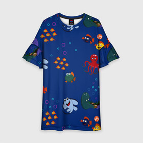 Детское платье 3D с принтом подводный мир в Тюмени, 100% полиэстер | прямой силуэт, чуть расширенный к низу. Круглая горловина, на рукавах — воланы | blue | children | fish | marine | ocean | акула | вода | детская иллюстрация | желтый | золотая рыбка | игры | красный | лето | море | морской | мультяшный | мяч | океан | осьминог | подводный | принт для детей | пузыри