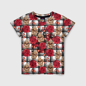 Детская футболка 3D с принтом Розы в клеточку в Тюмени, 100% гипоаллергенный полиэфир | прямой крой, круглый вырез горловины, длина до линии бедер, чуть спущенное плечо, ткань немного тянется | абстракция | паттерн | розы | текстуры | узоры | цветочки | цветы
