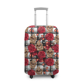 Чехол для чемодана 3D с принтом Розы в клеточку в Тюмени, 86% полиэфир, 14% спандекс | двустороннее нанесение принта, прорези для ручек и колес | абстракция | паттерн | розы | текстуры | узоры | цветочки | цветы
