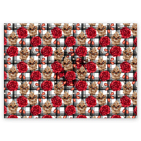 Поздравительная открытка с принтом Розы в клеточку в Тюмени, 100% бумага | плотность бумаги 280 г/м2, матовая, на обратной стороне линовка и место для марки
 | Тематика изображения на принте: абстракция | паттерн | розы | текстуры | узоры | цветочки | цветы