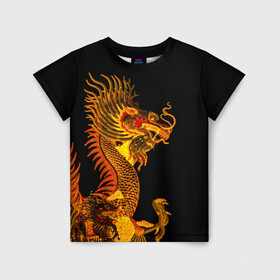 Детская футболка 3D с принтом Золотой китайский дракон в Тюмени, 100% гипоаллергенный полиэфир | прямой крой, круглый вырез горловины, длина до линии бедер, чуть спущенное плечо, ткань немного тянется | азиатский дракон | дракон | золотой | золотой азиатский дракон | золотой дракон | золотой китайский дракон | золотой японский дракон | китайский дракон | японский дракон