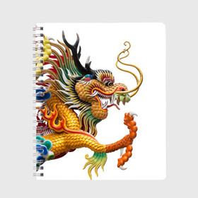 Тетрадь с принтом Желтый китайский дракон 3D в Тюмени, 100% бумага | 48 листов, плотность листов — 60 г/м2, плотность картонной обложки — 250 г/м2. Листы скреплены сбоку удобной пружинной спиралью. Уголки страниц и обложки скругленные. Цвет линий — светло-серый
 | азиатский дракон | дракон | дракон 3d | дракон 3д | желтый | желтый азиатский дракон | желтый дракон | желтый китайский дракон | желтый японский дракон | золотой | золотой дракон