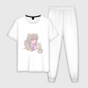 Мужская пижама хлопок с принтом Неко девочка в Тюмени, 100% хлопок | брюки и футболка прямого кроя, без карманов, на брюках мягкая резинка на поясе и по низу штанин
 | Тематика изображения на принте: kawaii | девушка | кошка | рисунок | розовый