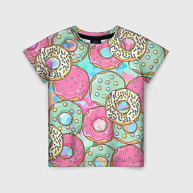 Детская футболка 3D с принтом РазНоцветные Пончики в Тюмени, 100% гипоаллергенный полиэфир | прямой крой, круглый вырез горловины, длина до линии бедер, чуть спущенное плечо, ткань немного тянется | еда | звездочки | лето | пончики | разноцветные | сладости