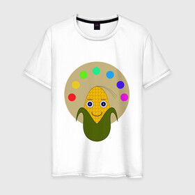 Мужская футболка хлопок с принтом Кукуруза Художник в Тюмени, 100% хлопок | прямой крой, круглый вырез горловины, длина до линии бедер, слегка спущенное плечо. | краски | кукуруза | палитра | художник