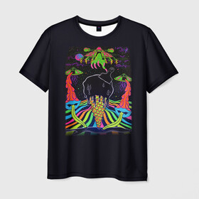 Мужская футболка 3D с принтом Психоделика НЛО в Тюмени, 100% полиэфир | прямой крой, круглый вырез горловины, длина до линии бедер | pop art | арт | инопланетяне | космос | летающая тарелка | мороженное | нло | ногти | психодел | психоделика | радуга | рука