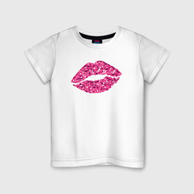 Детская футболка хлопок с принтом Сахарный поцелуй губ в Тюмени, 100% хлопок | круглый вырез горловины, полуприлегающий силуэт, длина до линии бедер | Тематика изображения на принте: блестки | блестящий | губки | губы | краски | отпечаток | поцелуй | розовый