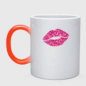 Кружка хамелеон с принтом Сахарный поцелуй губ в Тюмени, керамика | меняет цвет при нагревании, емкость 330 мл | блестки | блестящий | губки | губы | краски | отпечаток | поцелуй | розовый