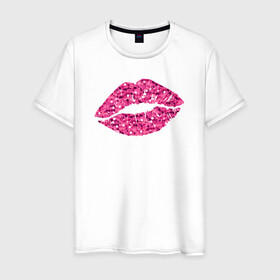 Мужская футболка хлопок с принтом Сахарный поцелуй губ в Тюмени, 100% хлопок | прямой крой, круглый вырез горловины, длина до линии бедер, слегка спущенное плечо. | блестки | блестящий | губки | губы | краски | отпечаток | поцелуй | розовый