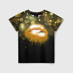 Детская футболка 3D с принтом Губы в Тюмени, 100% гипоаллергенный полиэфир | прямой крой, круглый вырез горловины, длина до линии бедер, чуть спущенное плечо, ткань немного тянется | Тематика изображения на принте: блестки | блестящий | губки | губы | желтый | звезды | краски | отпечаток | поцелуй | розовый | сверкает