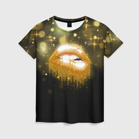Женская футболка 3D с принтом Губы в Тюмени, 100% полиэфир ( синтетическое хлопкоподобное полотно) | прямой крой, круглый вырез горловины, длина до линии бедер | блестки | блестящий | губки | губы | желтый | звезды | краски | отпечаток | поцелуй | розовый | сверкает