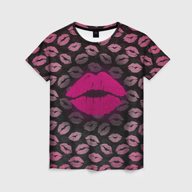 Женская футболка 3D с принтом Малиновые губы в Тюмени, 100% полиэфир ( синтетическое хлопкоподобное полотно) | прямой крой, круглый вырез горловины, длина до линии бедер | блестки | блестящий | губки | губы | желтый | звезды | краски | отпечаток | поцелуй | розовый | сверкает