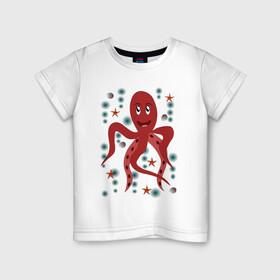 Детская футболка хлопок с принтом Осьминог в Тюмени, 100% хлопок | круглый вырез горловины, полуприлегающий силуэт, длина до линии бедер | морская живность | морское чудовище | осьминог | подводный мир | щупальца осьминога