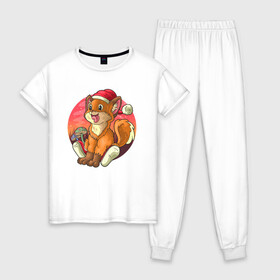 Женская пижама хлопок с принтом Новогодний лисёнок в Тюмени, 100% хлопок | брюки и футболка прямого кроя, без карманов, на брюках мягкая резинка на поясе и по низу штанин | Тематика изображения на принте: арт | грибочки | дикое животное | иллюстрация | лисёнок