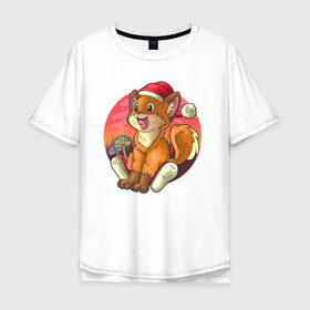Мужская футболка хлопок Oversize с принтом Новогодний лисёнок в Тюмени, 100% хлопок | свободный крой, круглый ворот, “спинка” длиннее передней части | Тематика изображения на принте: арт | грибочки | дикое животное | иллюстрация | лисёнок