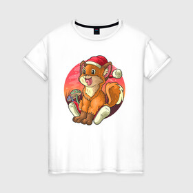 Женская футболка хлопок с принтом Новогодний лисёнок в Тюмени, 100% хлопок | прямой крой, круглый вырез горловины, длина до линии бедер, слегка спущенное плечо | Тематика изображения на принте: арт | грибочки | дикое животное | иллюстрация | лисёнок