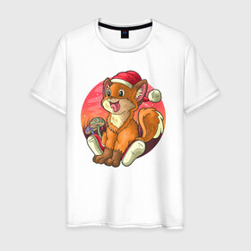 Мужская футболка хлопок с принтом Новогодний лисёнок в Тюмени, 100% хлопок | прямой крой, круглый вырез горловины, длина до линии бедер, слегка спущенное плечо. | арт | грибочки | дикое животное | иллюстрация | лисёнок