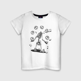 Детская футболка хлопок с принтом Peace & Music в Тюмени, 100% хлопок | круглый вырез горловины, полуприлегающий силуэт, длина до линии бедер | Тематика изображения на принте: любовь | мир | музыка | ноты | скелет | хиппи | черно белый