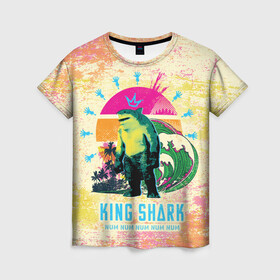 Женская футболка 3D с принтом King Shark в Тюмени, 100% полиэфир ( синтетическое хлопкоподобное полотно) | прямой крой, круглый вырез горловины, длина до линии бедер | king shark | nanaue | suicide squad | the suicide squad | vdzabma | кинг шарк | король акул | король акула | нэнуэ