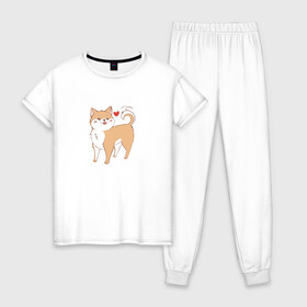Женская пижама хлопок с принтом Сиба-Ину в Тюмени, 100% хлопок | брюки и футболка прямого кроя, без карманов, на брюках мягкая резинка на поясе и по низу штанин | Тематика изображения на принте: домашнее животное | животное | милая собака | сердечко | сиба ину | собака