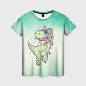 Женская футболка 3D с принтом Дино в Тюмени, 100% полиэфир ( синтетическое хлопкоподобное полотно) | прямой крой, круглый вырез горловины, длина до линии бедер | арт | графика | динозавры | животные | звери | музыка | мультяшки | наушники