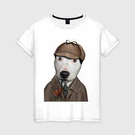 Женская футболка хлопок с принтом Собака Шерлок Холмс в Тюмени, 100% хлопок | прямой крой, круглый вырез горловины, длина до линии бедер, слегка спущенное плечо | кепка | собака | трубка | шерлок холмс | щенок