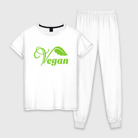 Женская пижама хлопок с принтом Vegan Power в Тюмени, 100% хлопок | брюки и футболка прямого кроя, без карманов, на брюках мягкая резинка на поясе и по низу штанин | green | greenpaece | nature | sport | vegan | yoga | веган | вегетарианец | гринпис | еда | животные | жизнь | здоровье | зеленый | йога | мир | овощи | пища | планета | природа | растение | спорт | тело | фрукты