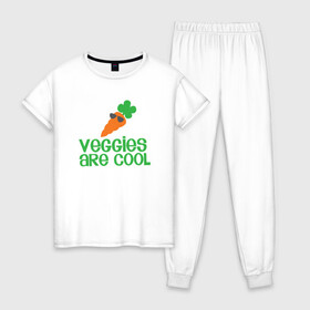 Женская пижама хлопок с принтом Veggies Are Cool в Тюмени, 100% хлопок | брюки и футболка прямого кроя, без карманов, на брюках мягкая резинка на поясе и по низу штанин | green | greenpaece | nature | sport | vegan | yoga | веган | вегетарианец | гринпис | еда | животные | жизнь | здоровье | зеленый | йога | мир | овощи | пища | планета | природа | растение | спорт | тело | фрукты