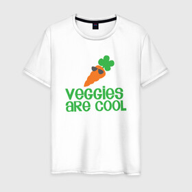 Мужская футболка хлопок с принтом Veggies Are Cool в Тюмени, 100% хлопок | прямой крой, круглый вырез горловины, длина до линии бедер, слегка спущенное плечо. | green | greenpaece | nature | sport | vegan | yoga | веган | вегетарианец | гринпис | еда | животные | жизнь | здоровье | зеленый | йога | мир | овощи | пища | планета | природа | растение | спорт | тело | фрукты