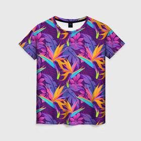Женская футболка 3D с принтом Тропические листья в Тюмени, 100% полиэфир ( синтетическое хлопкоподобное полотно) | прямой крой, круглый вырез горловины, длина до линии бедер | абстракция | листья | паттерн | текстуры | тропики | узоры | цветы