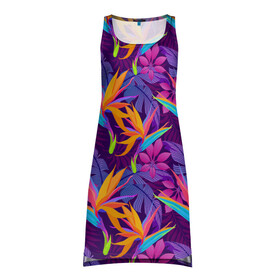Платье-майка 3D с принтом Тропические листья в Тюмени, 100% полиэстер | полуприлегающий силуэт, широкие бретели, круглый вырез горловины, удлиненный подол сзади. | абстракция | листья | паттерн | текстуры | тропики | узоры | цветы