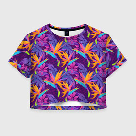 Женская футболка Crop-top 3D с принтом Тропические листья в Тюмени, 100% полиэстер | круглая горловина, длина футболки до линии талии, рукава с отворотами | абстракция | листья | паттерн | текстуры | тропики | узоры | цветы