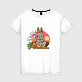 Женская футболка хлопок с принтом Sweet Bunny в Тюмени, 100% хлопок | прямой крой, круглый вырез горловины, длина до линии бедер, слегка спущенное плечо | Тематика изображения на принте: закат | иллюстрация | крольченок | морковь | сладкий кролик