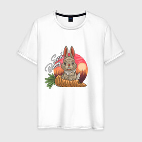 Мужская футболка хлопок с принтом Sweet Bunny в Тюмени, 100% хлопок | прямой крой, круглый вырез горловины, длина до линии бедер, слегка спущенное плечо. | Тематика изображения на принте: закат | иллюстрация | крольченок | морковь | сладкий кролик