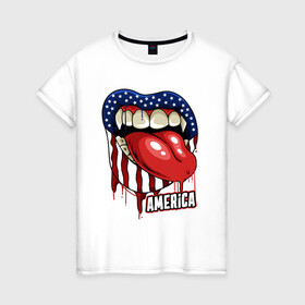 Женская футболка хлопок с принтом Американский укус в Тюмени, 100% хлопок | прямой крой, круглый вырез горловины, длина до линии бедер, слегка спущенное плечо | америка | вампир | иллюстрация | сша | язык