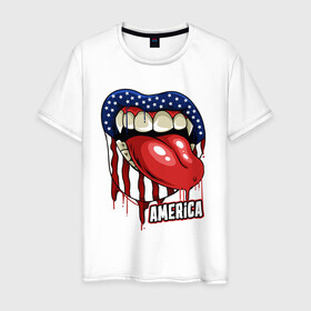 Мужская футболка хлопок с принтом Американский укус в Тюмени, 100% хлопок | прямой крой, круглый вырез горловины, длина до линии бедер, слегка спущенное плечо. | америка | вампир | иллюстрация | сша | язык