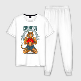 Мужская пижама хлопок с принтом Чемпион в Тюмени, 100% хлопок | брюки и футболка прямого кроя, без карманов, на брюках мягкая резинка на поясе и по низу штанин
 | fighter | боец | боксер | воин дракона | иллюстрация | тигр