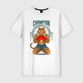 Мужская футболка хлопок Slim с принтом Чемпион в Тюмени, 92% хлопок, 8% лайкра | приталенный силуэт, круглый вырез ворота, длина до линии бедра, короткий рукав | fighter | боец | боксер | воин дракона | иллюстрация | тигр