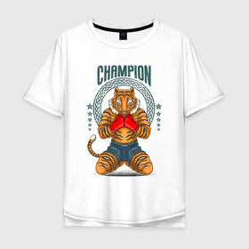 Мужская футболка хлопок Oversize с принтом Чемпион в Тюмени, 100% хлопок | свободный крой, круглый ворот, “спинка” длиннее передней части | fighter | боец | боксер | воин дракона | иллюстрация | тигр