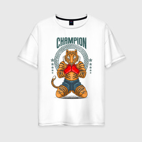 Женская футболка хлопок Oversize с принтом Чемпион в Тюмени, 100% хлопок | свободный крой, круглый ворот, спущенный рукав, длина до линии бедер
 | fighter | боец | боксер | воин дракона | иллюстрация | тигр