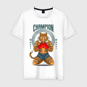Мужская футболка хлопок с принтом Чемпион в Тюмени, 100% хлопок | прямой крой, круглый вырез горловины, длина до линии бедер, слегка спущенное плечо. | fighter | боец | боксер | воин дракона | иллюстрация | тигр