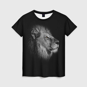 Женская футболка 3D с принтом Гордый лев в Тюмени, 100% полиэфир ( синтетическое хлопкоподобное полотно) | прямой крой, круглый вырез горловины, длина до линии бедер | взгляд | грива | зверь | кот | кошка | лев | мудрость | профиль | царь