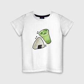 Детская футболка хлопок с принтом Коктейль и онигири в Тюмени, 100% хлопок | круглый вырез горловины, полуприлегающий силуэт, длина до линии бедер | Тематика изображения на принте: еда | лёд | лето | эстетика | япония